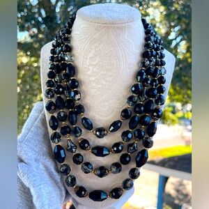 Vintage Crown Trifari Black Faucted Glass Bead Necklacee